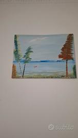 Quadro dipinto a mano su tela paesaggio lago firma