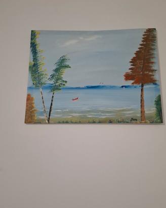 Quadro dipinto a mano su tela paesaggio lago firma