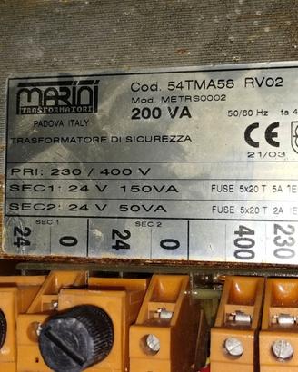Trasformatore 200VA 24volt doppio secondario