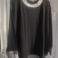 Maglione nero con scollo e polsi a contrasto 