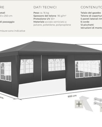 Gazebo 3x6 m o 3x3 impermeabile con 5 pannelli