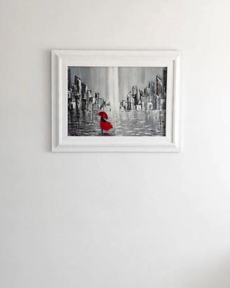 quadro  90X70: Donna ombrello rosso dipinto a mano
