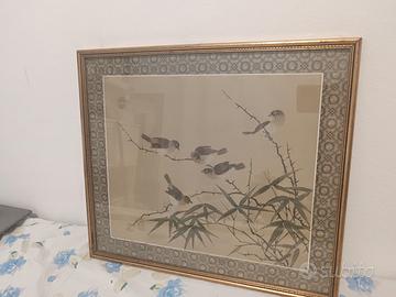 Quadro Orientale Dipinto su Seta Uccelli Bambù

