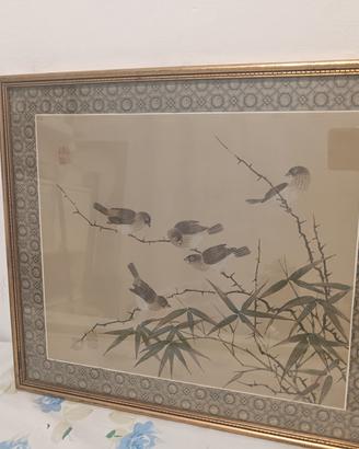 Quadro Orientale Dipinto su Seta Uccelli Bambù

