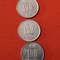 3 Monete, 100 Bin Lira Turca/Collezione 