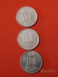 3 Monete, 100 Bin Lira Turca/Collezione 