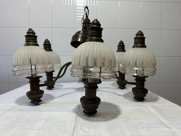 Lampadario Ottone brunito con 5 Lumi in vetro