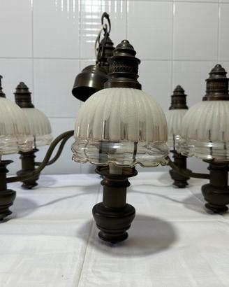Lampadario Ottone brunito con 5 Lumi in vetro