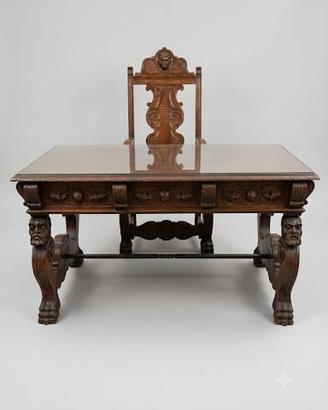 Scrivania rinascimentale  legno completa di sedia