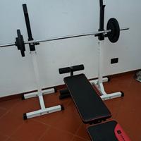 Panca piana/inclinata completa di bilancere, pesi 