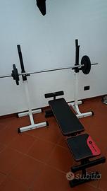 Panca piana/inclinata completa di bilancere, pesi 