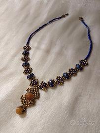 Collana Vintage Blu /Dorato Ciondolo pietre giada