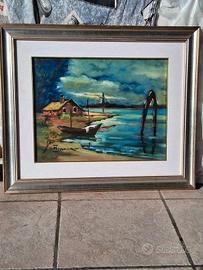Quadro Dipinto Olio su Tela Paesaggio Laguna