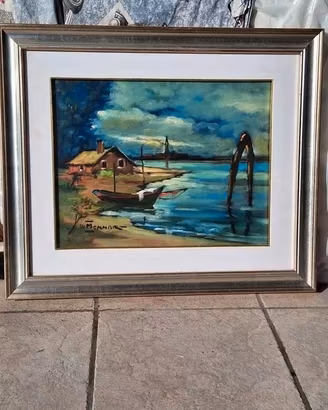 Quadro Dipinto Olio su Tela Paesaggio Laguna
