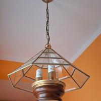 Lampadario vintage in cristallo, legno e metallo