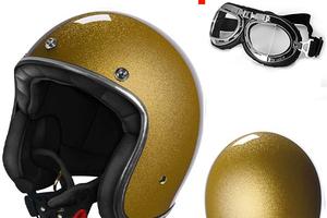 CASCO JET VINTAGE MOTO ORO GLITTERATO + OCCHIALI