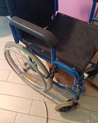 carrozzina pieghevole per disabili di colore blu.