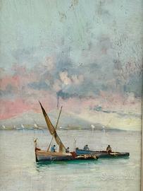 Dipinto olio su tavola con barche a vela
