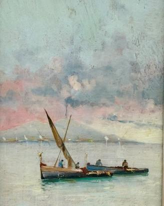 Dipinto olio su tavola con barche a vela