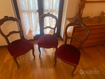 3 sedie antiche legno intagliato - velluto rosso