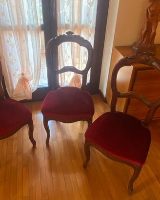 3 sedie antiche legno intagliato - velluto rosso