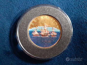 Moneta argento 500 lire Caravelle con smalto