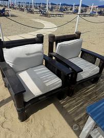 2 Poltrone in legno e bambu con cuscini esterni