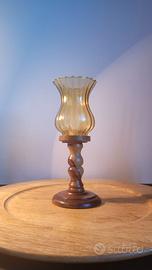 Portacandela Vintage in Legno e Vetro Ambrato