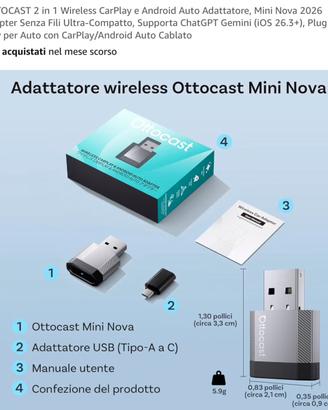 Ottocast 2in 1 CarPlay e Android Auto Mini Nova AI