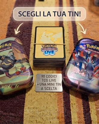 90 codici pokemon live + 1 min tin a scelta