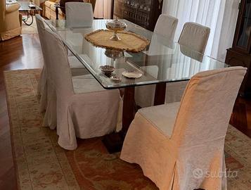 Tavolo design cristallo e legno massello  6 sedie 