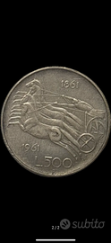 Moneta 500 Lire d'argento Italia Unità d'Italia