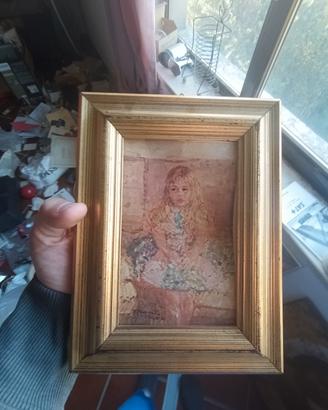 Quadretto antico vintage bambina R. Merli