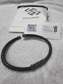 Bracciale rigido in pelle e filigrana Sarda