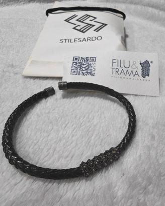 Bracciale rigido in pelle e filigrana Sarda