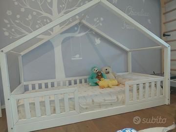 letto basso a a casetta bianco legno massello