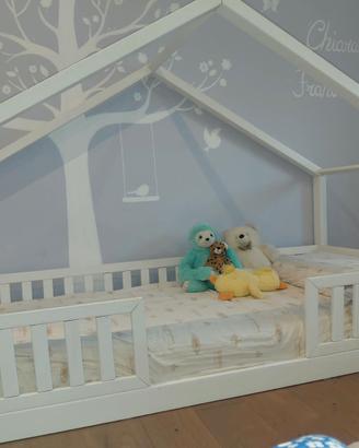 letto basso a a casetta bianco legno massello