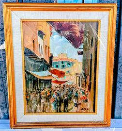 Quadro con mercatino dipinto a mano su tela a olio