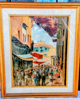 Quadro con mercatino dipinto a mano su tela a olio