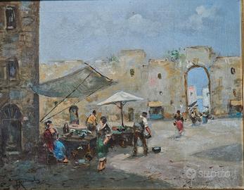Dipinto olio su tela firmato Scena vita napoletana