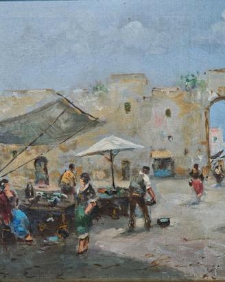 Dipinto olio su tela firmato Scena vita napoletana