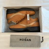 Sneakers Hogan in pelle marrone con dettagli oro -