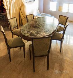 Tavolo ovale stile impero con marmo verde e sei se