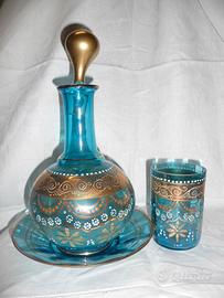 Splendida vecchia bottiglia cristallo blu e oro