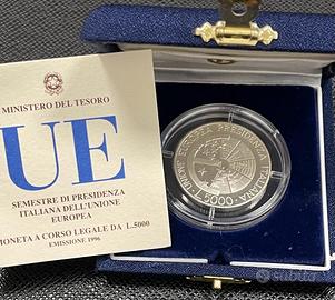 Italia 5000 lire Pres. Italiana UE Argento 1996