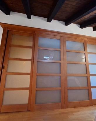 Parete divisoria 4 ante scorrevoli legno e vetro