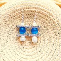 💎Orecchini Occhio di gatto blu, perle bianche