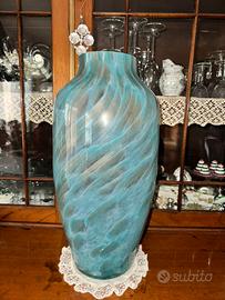 Vaso ad anfora celeste e oro in vetro di Murano