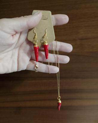 Set collana+orecchini cornetto portafortuna rosso
