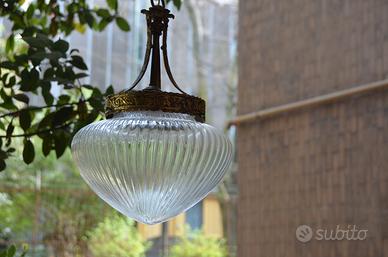 Lampada a sospensione antica in vetro rigato